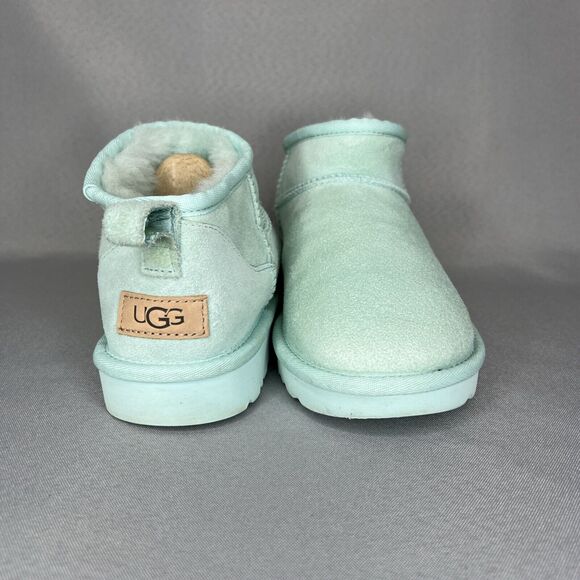 Women's Ugg Boots Size 8 Classic Ultra Mini Aqua Sky Blue Suede Wool Booties - Picture 4 of 14